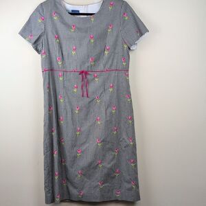 Vintage Black & White Gingham Dress Pink Floral Embroidery Size 12